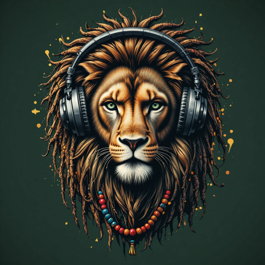 Dreadlocked lion with headphones on dark green t shirt