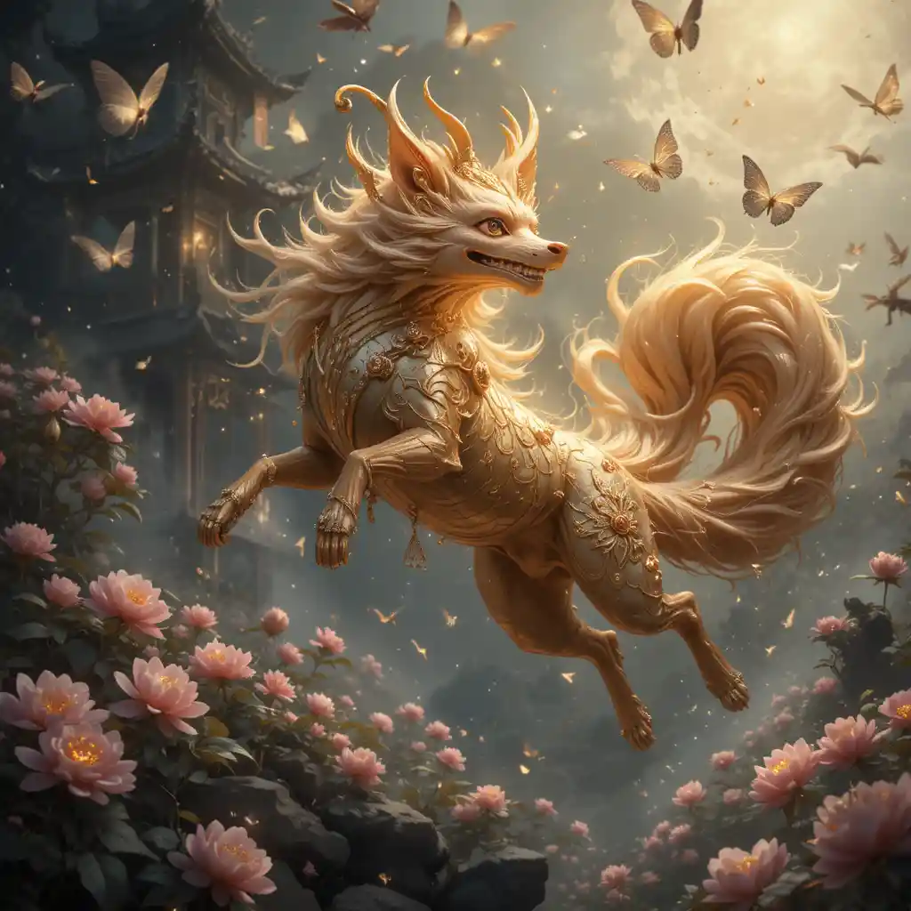 Golden nine tailed fox guardian leaping through talismans