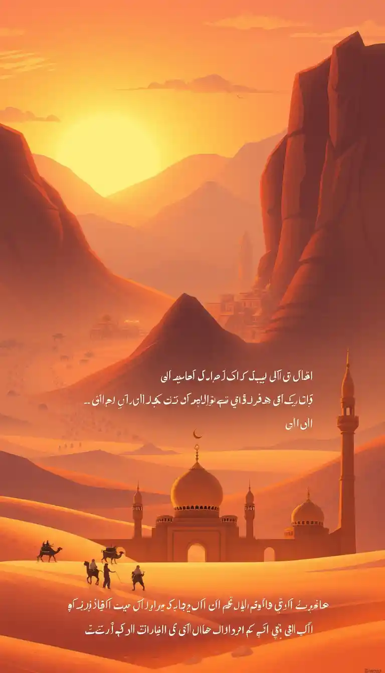Cartoon sunrise over an ancient city with tranquil mosque