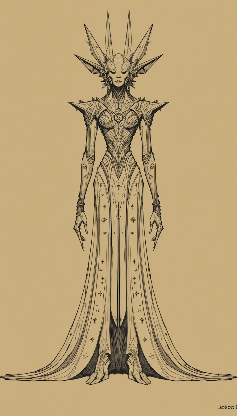 Front view cosmic humanoid in sculptural constellation robe