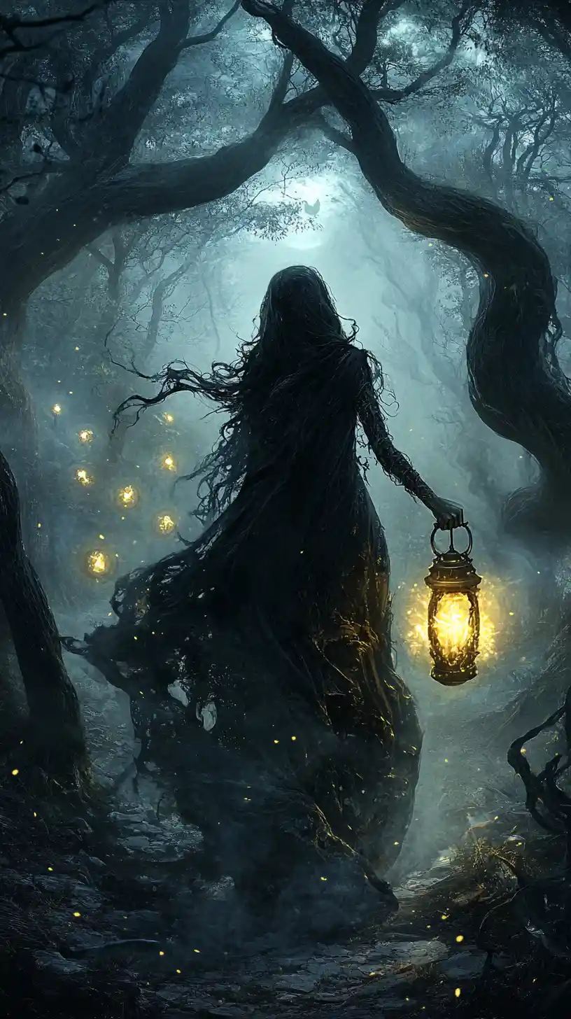 Ghostly woman leading glowing child spirits through forest