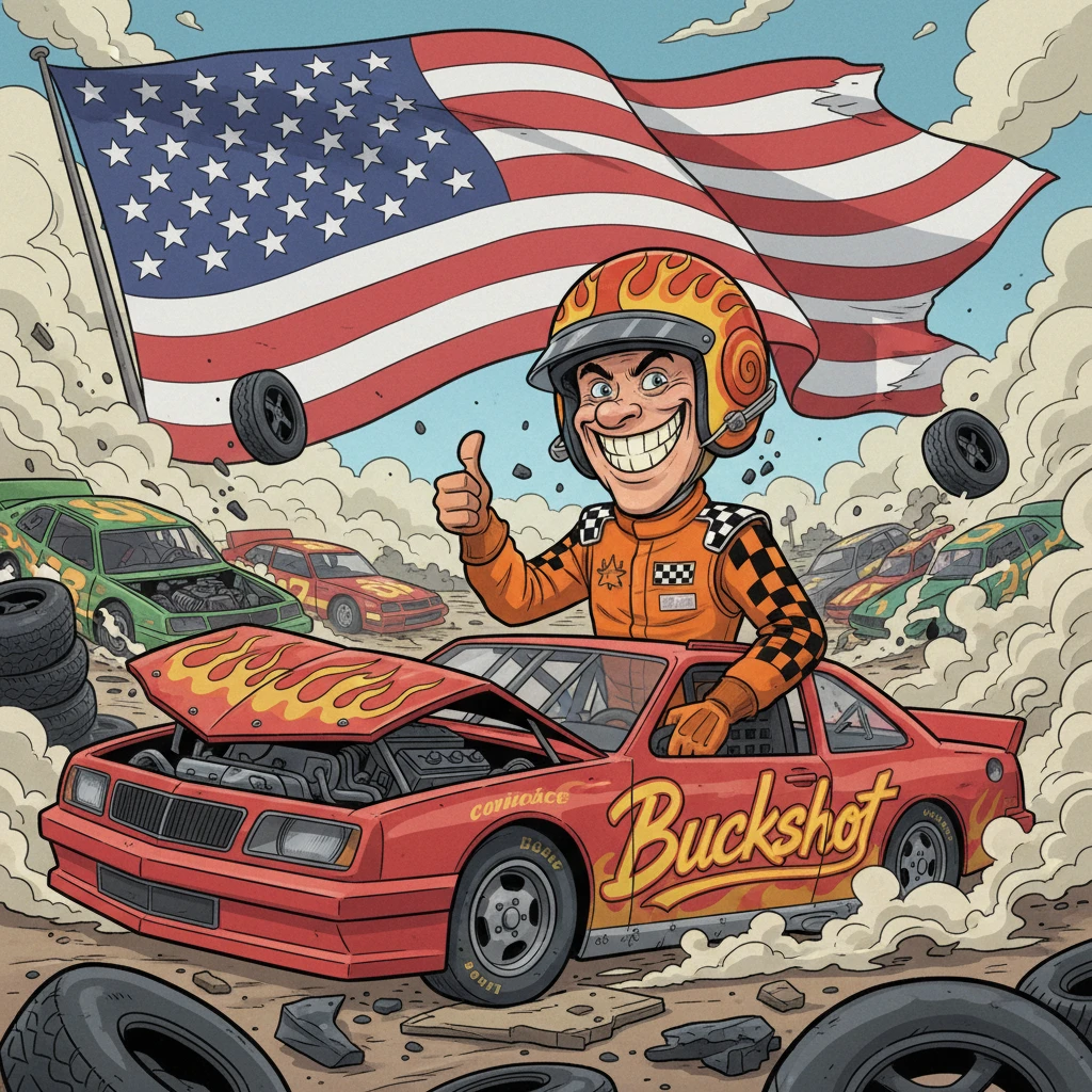 Goofy cartoon racer in orange suit on chaotic nascar track