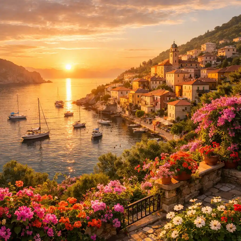 Sonnenaufgang über einem friedlichen mediterranen Hügeldorf