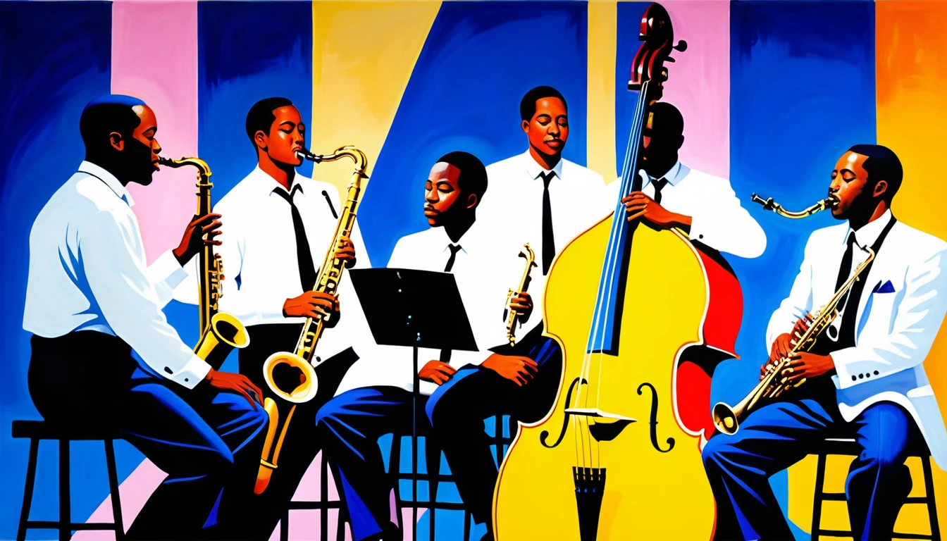 Jazz trio of musicians in a colorful oil painting