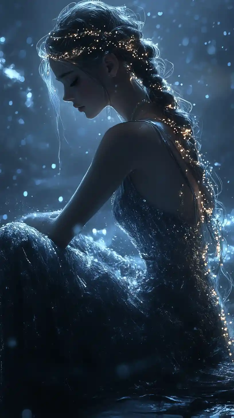Anime girl in glowing braids sitting in a dark room