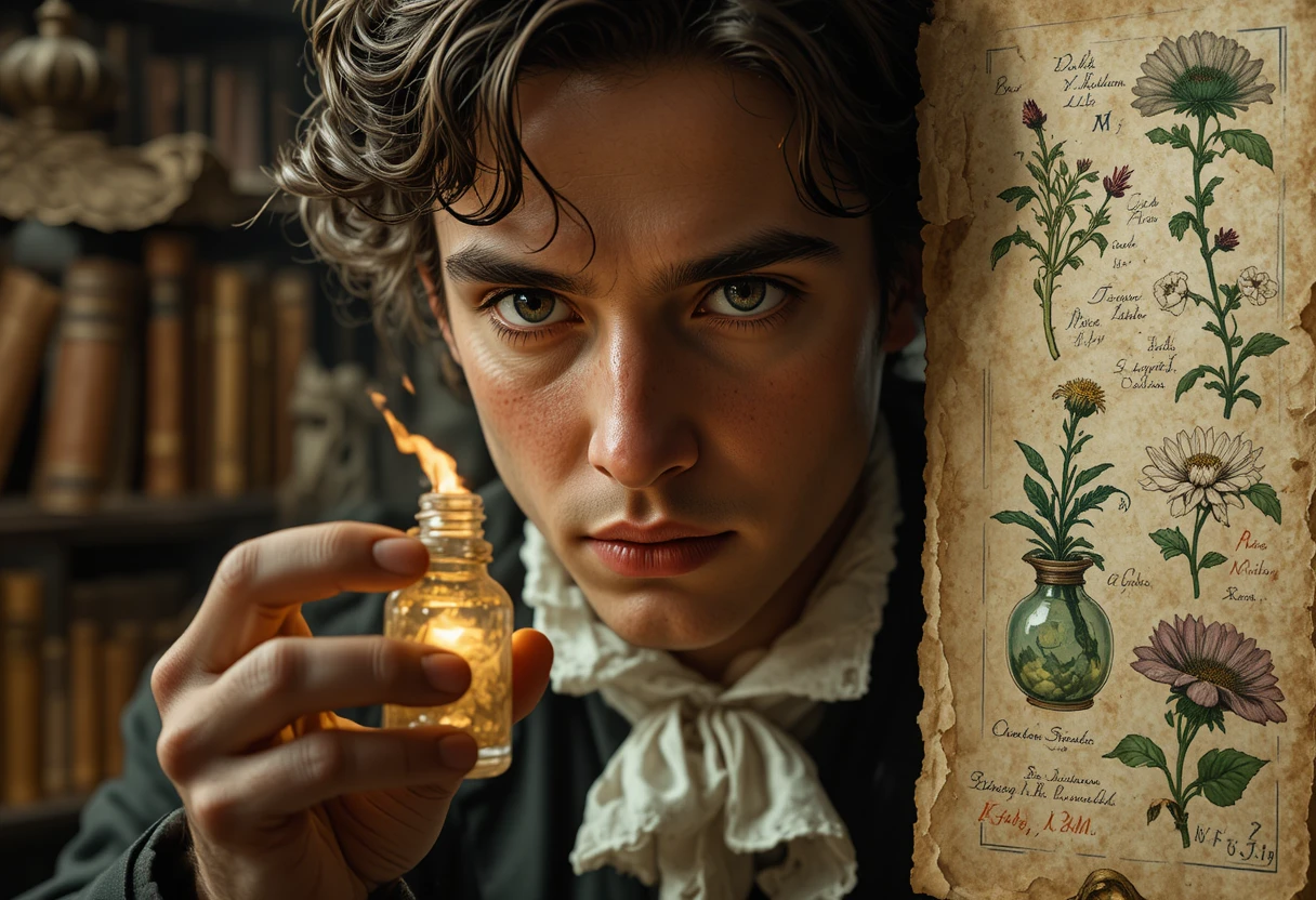 Giovane gentiluomo che osserva un elisir luminoso in biblioteca