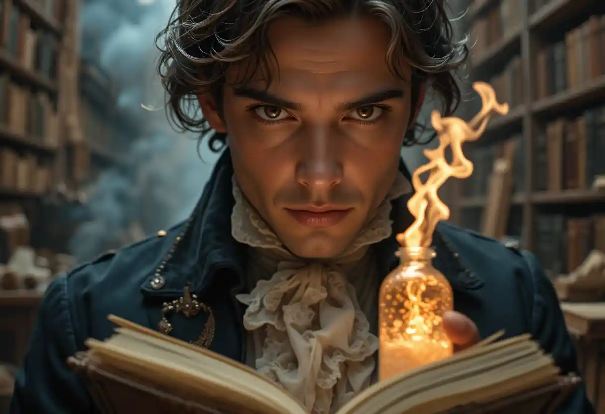 Young gentleman studying a glowing elixir in a dark library
