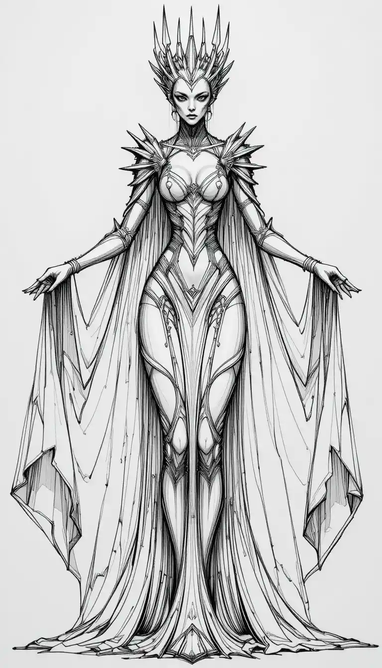 Regal fantasy queen with flowing cloak in line drawing