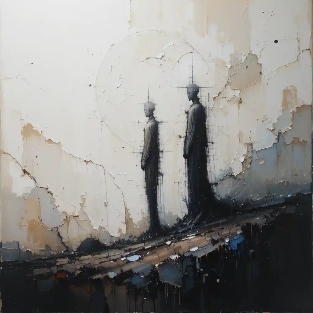 Pintura impasto contemplativa com duas figuras semiabstratas