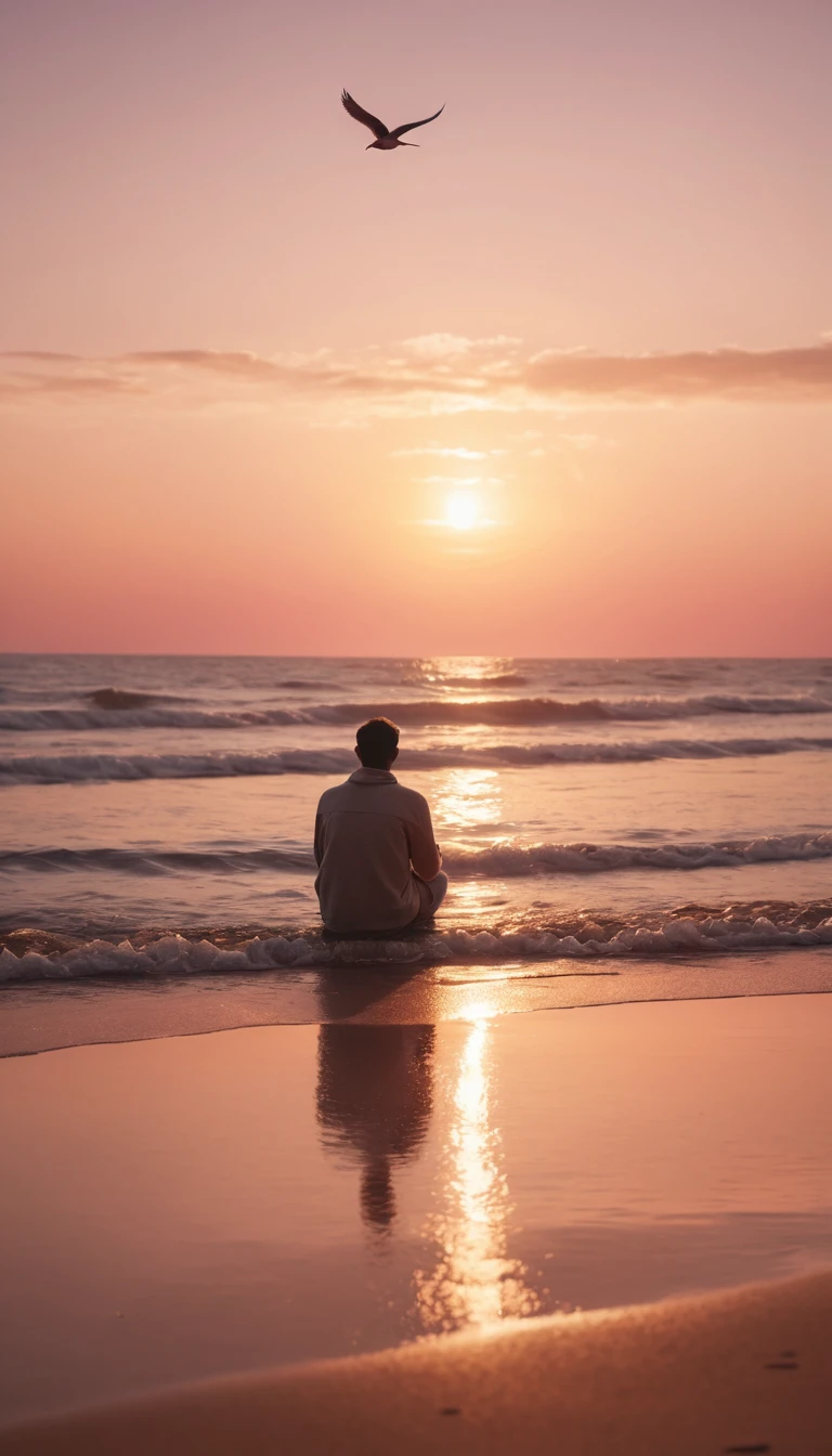 Person sitting by the sea at a tranquil sunset beach