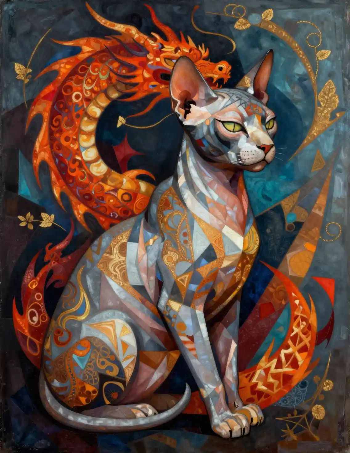 Abstract cubist portrait of mystical sphynx cat