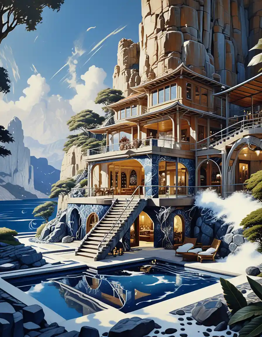 Luxury cave house in a lush fantasy mountain landscape