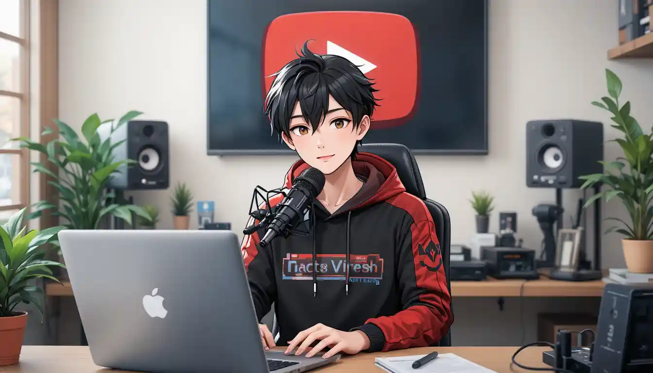 Anime boy recording at computer desk with microphone