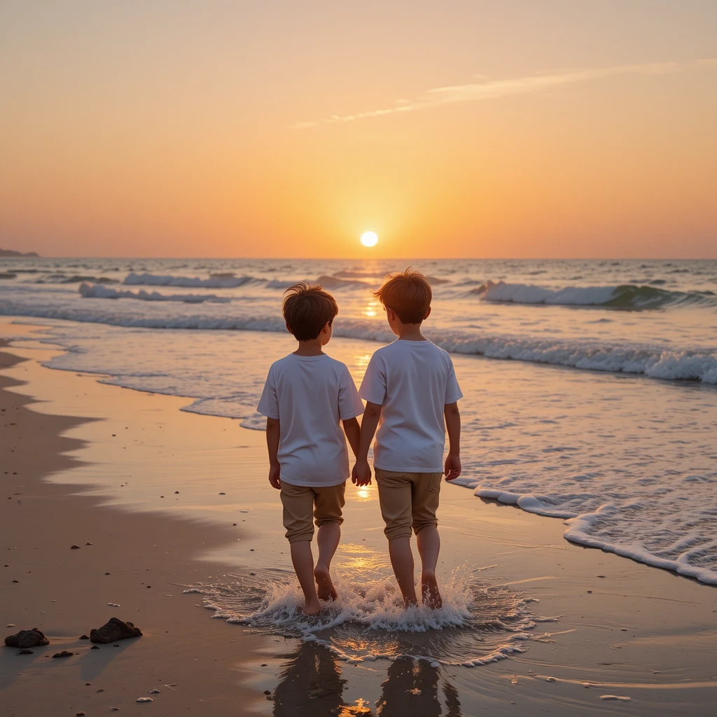 Two children walking together along the beach at sunset