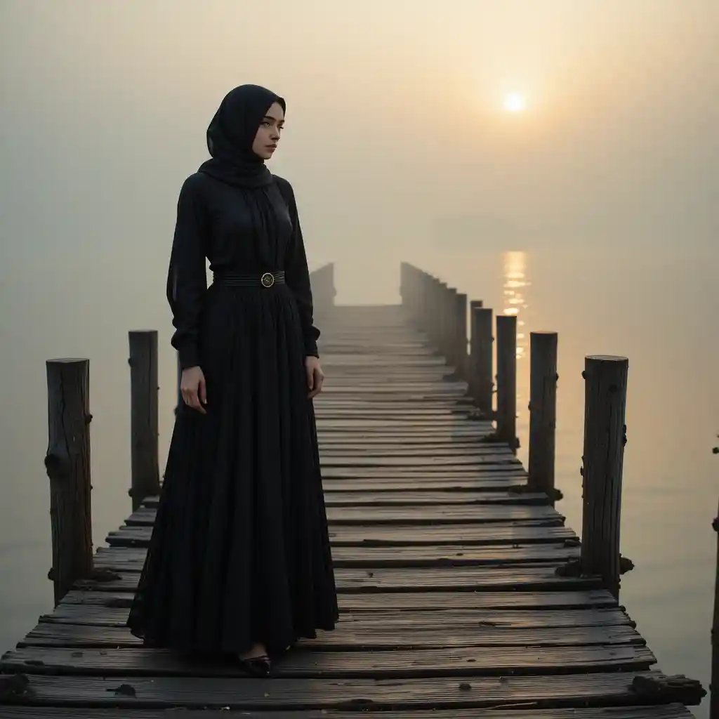 Veiled woman standing alone on a pier at sunrise