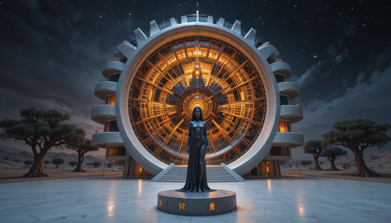 Futuristic spiral building glowing in a tranquil desert