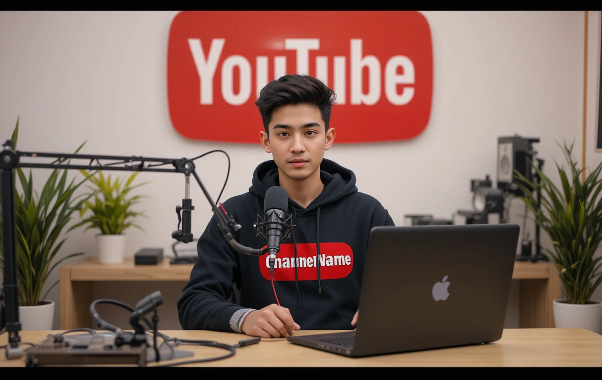 Garoto de anime fazendo stream na mesa do computador com microfone