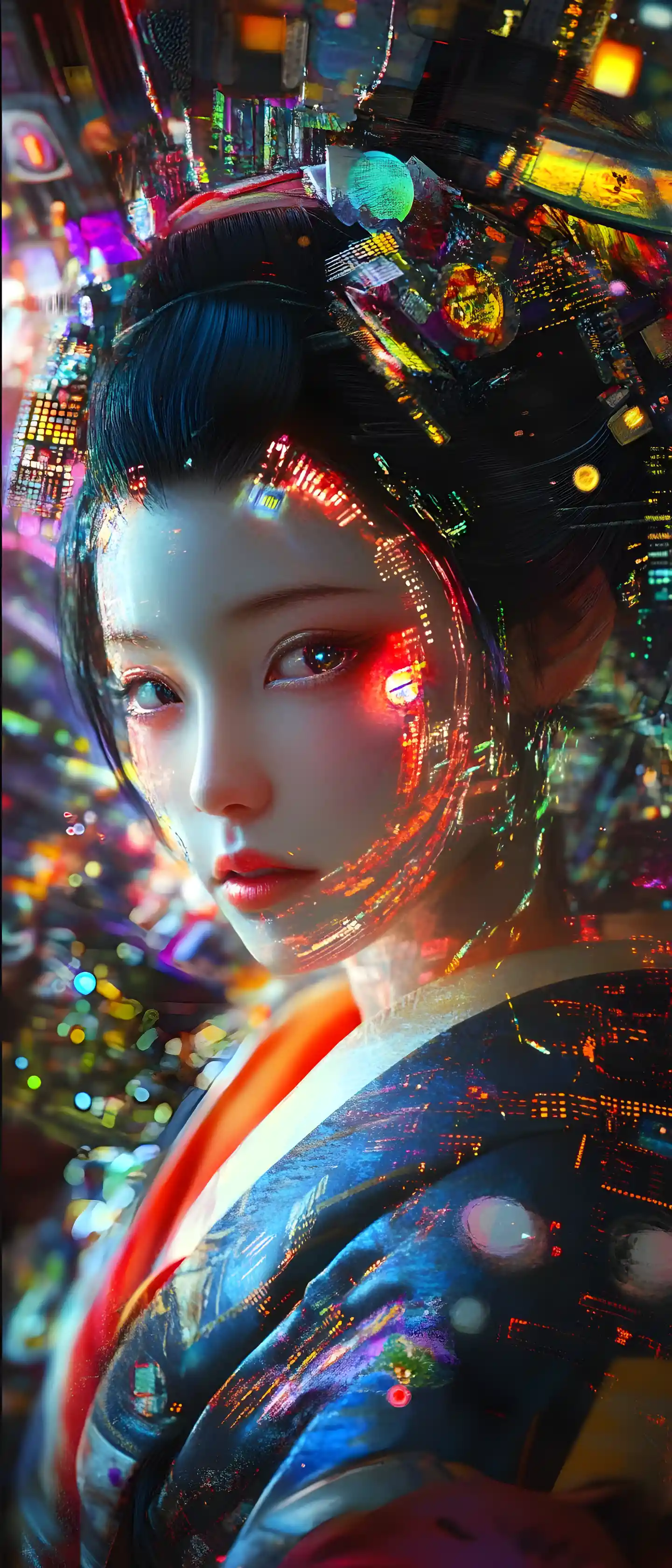 Volto di geisha cibernetica che si dissolve in codice binario in streaming