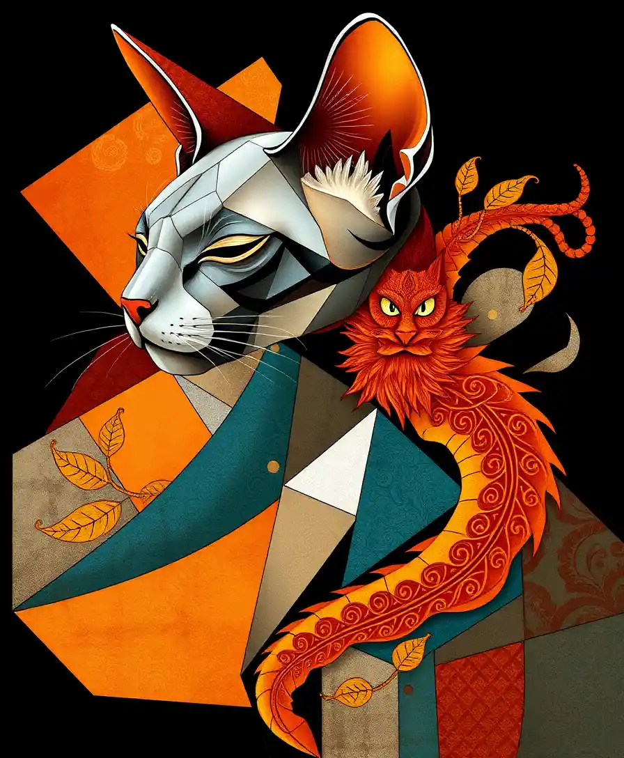 Retrato cubista abstrato de um gato esfinge místico
