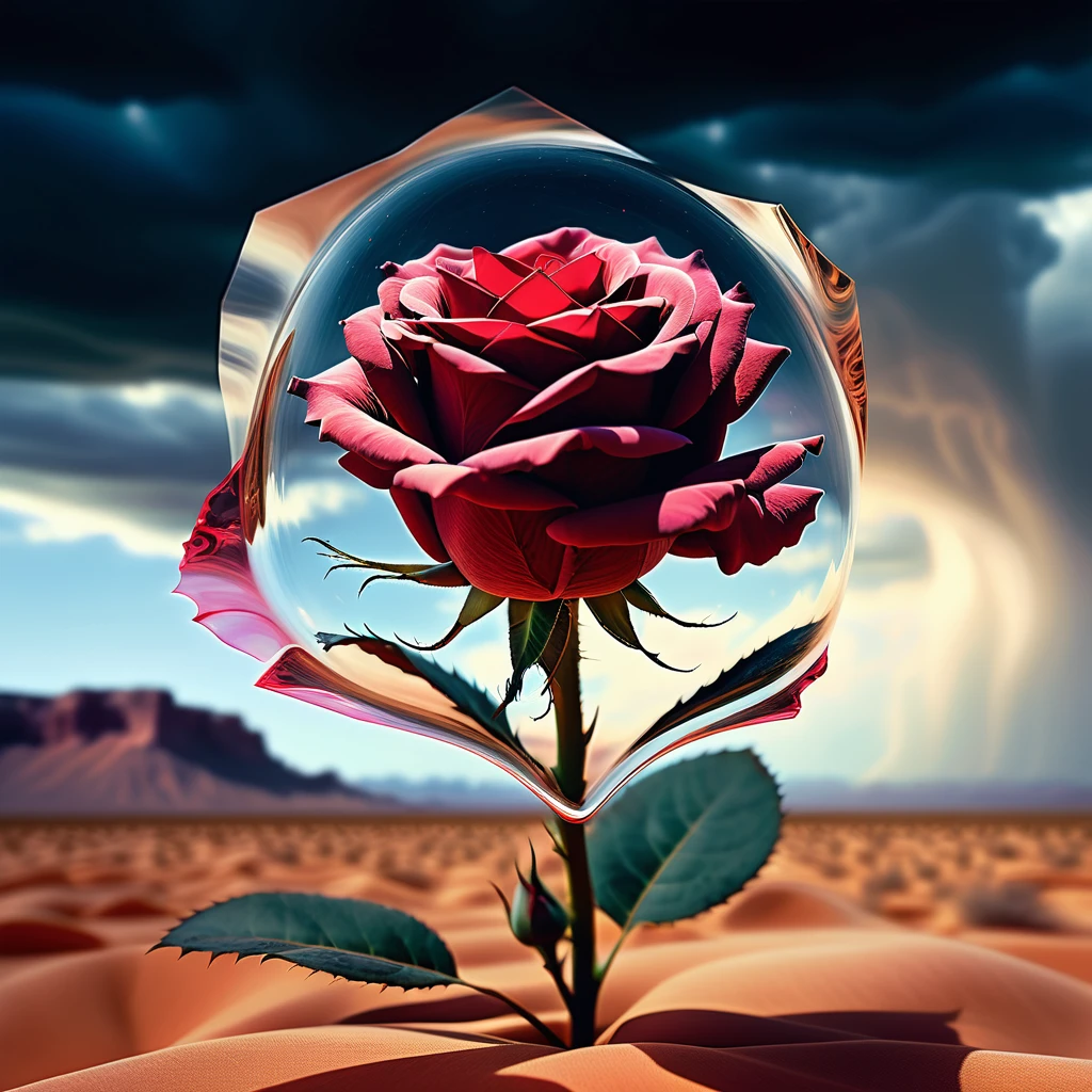 Single rose revealing a surreal desert world within