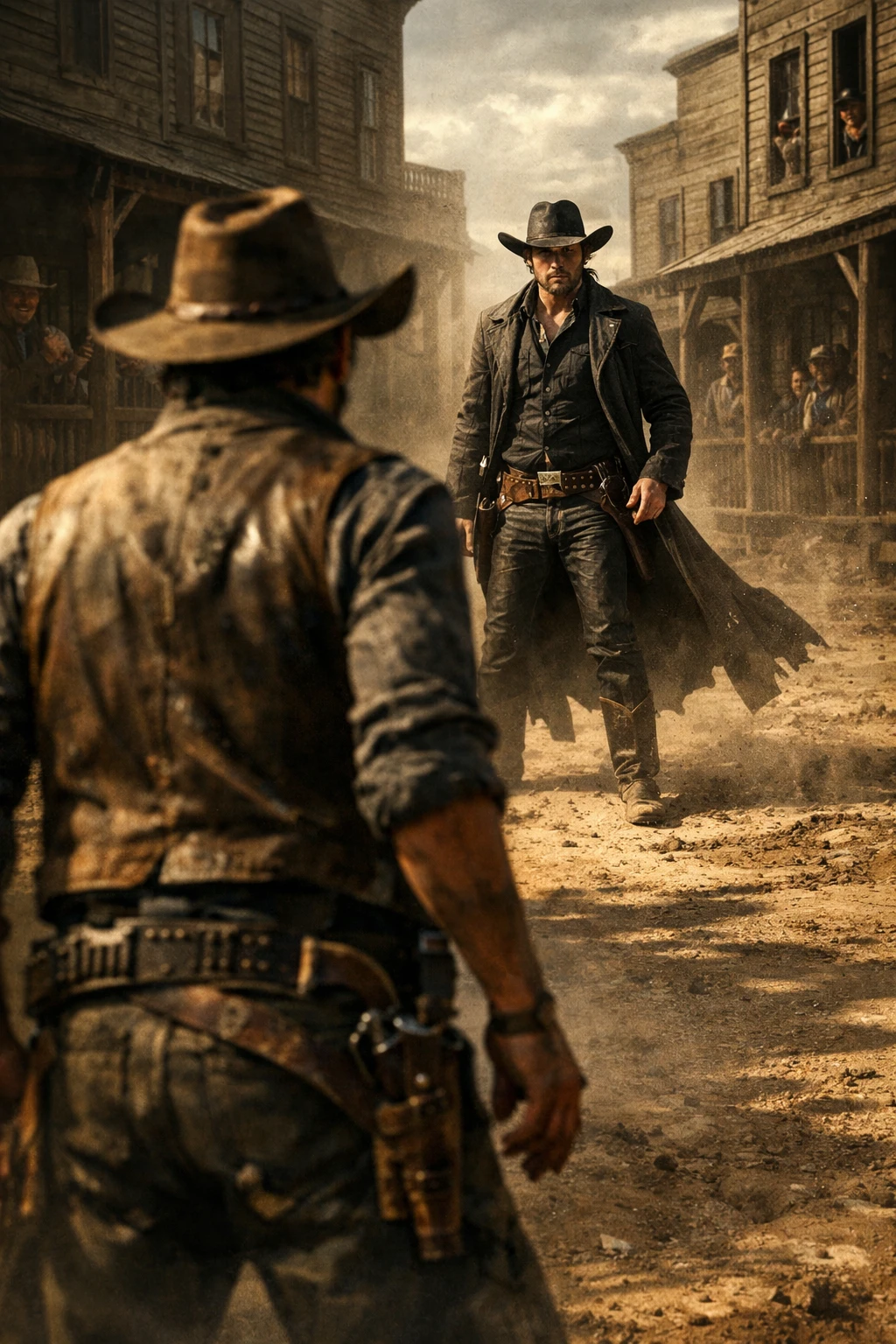 Tense cowboy duel on a dusty street in a western town