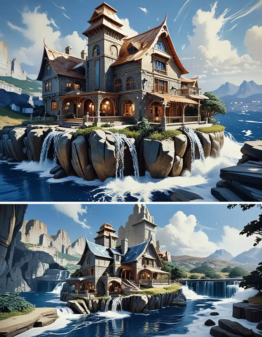 Luxury cave house in a lush fantasy mountain landscape