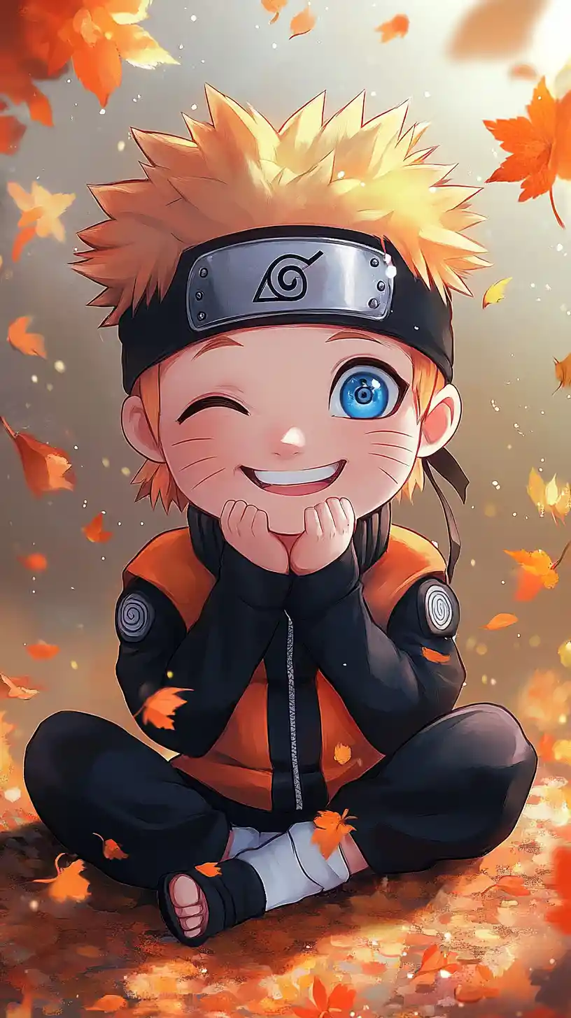 Cute chibi anime boy smiling among floating flower petals