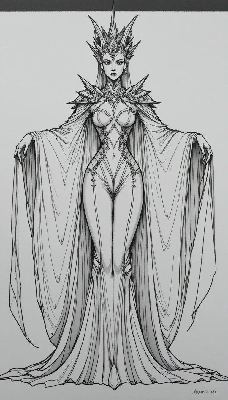 Regale regina fantasy con mantello svolazzante in line art