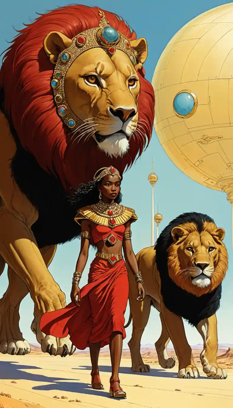 African princess walking with crowned lion in vintage art