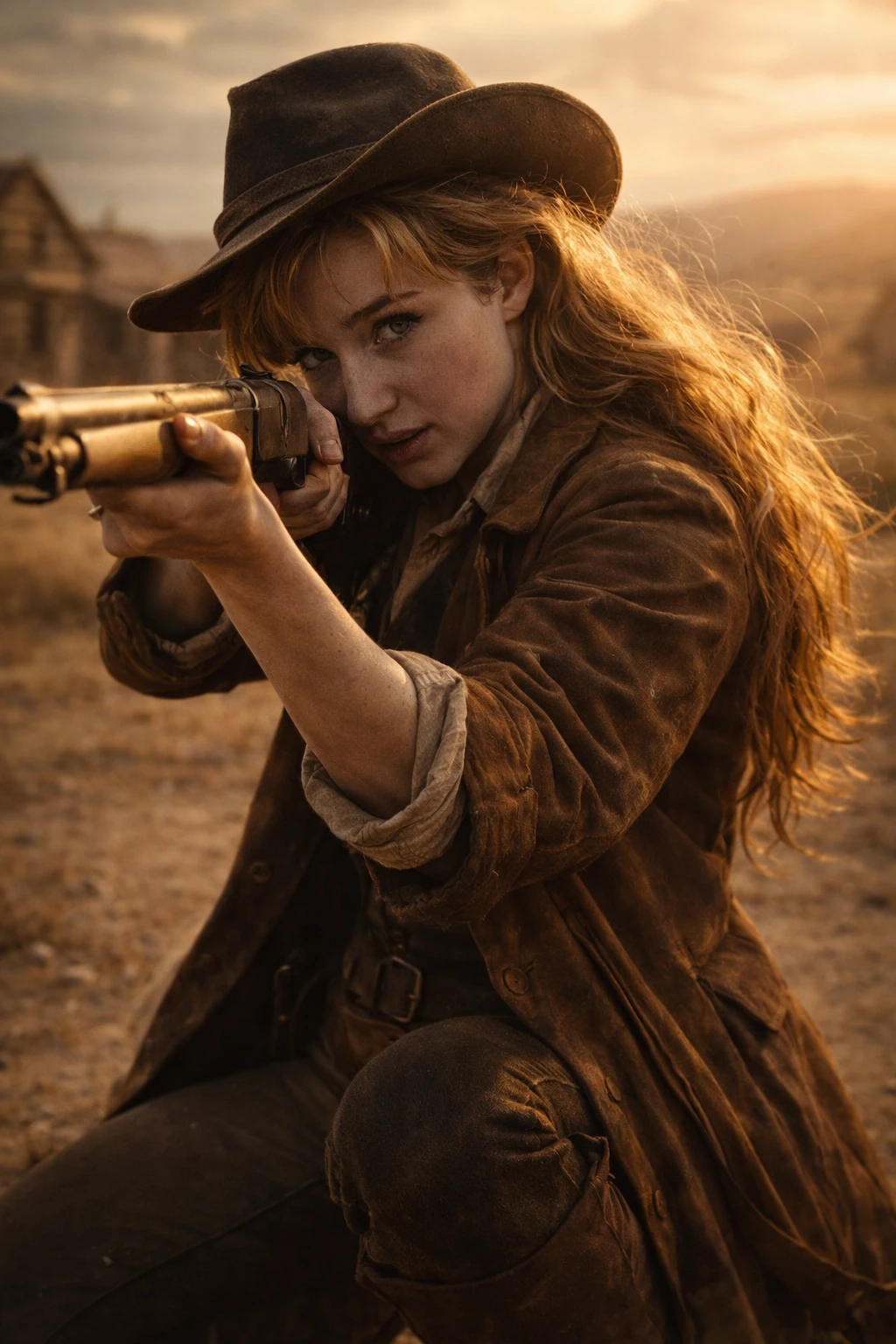 Frontier woman aiming shotgun on dusty plains at sunset