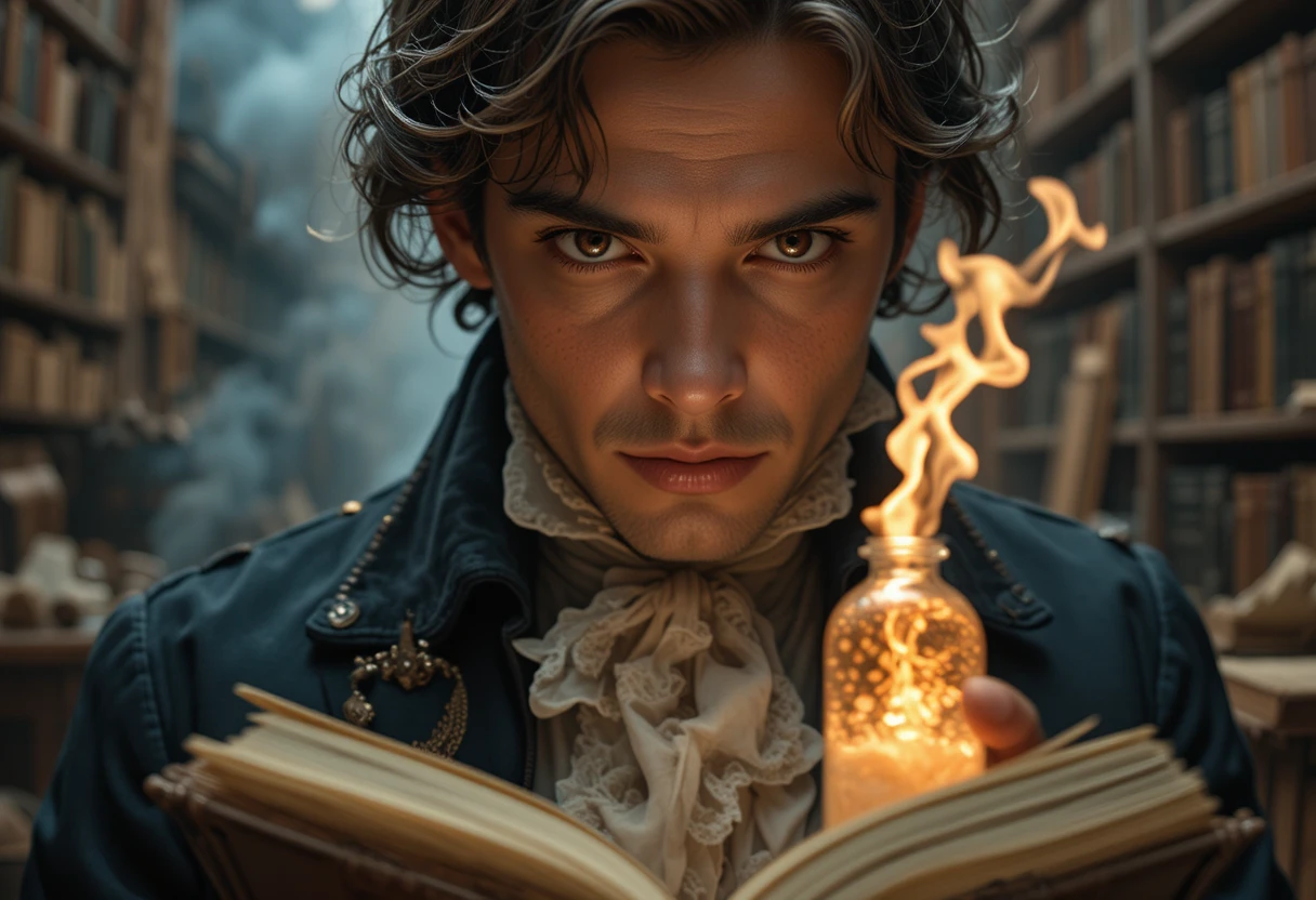 Young gentleman studying a glowing elixir in a dark library