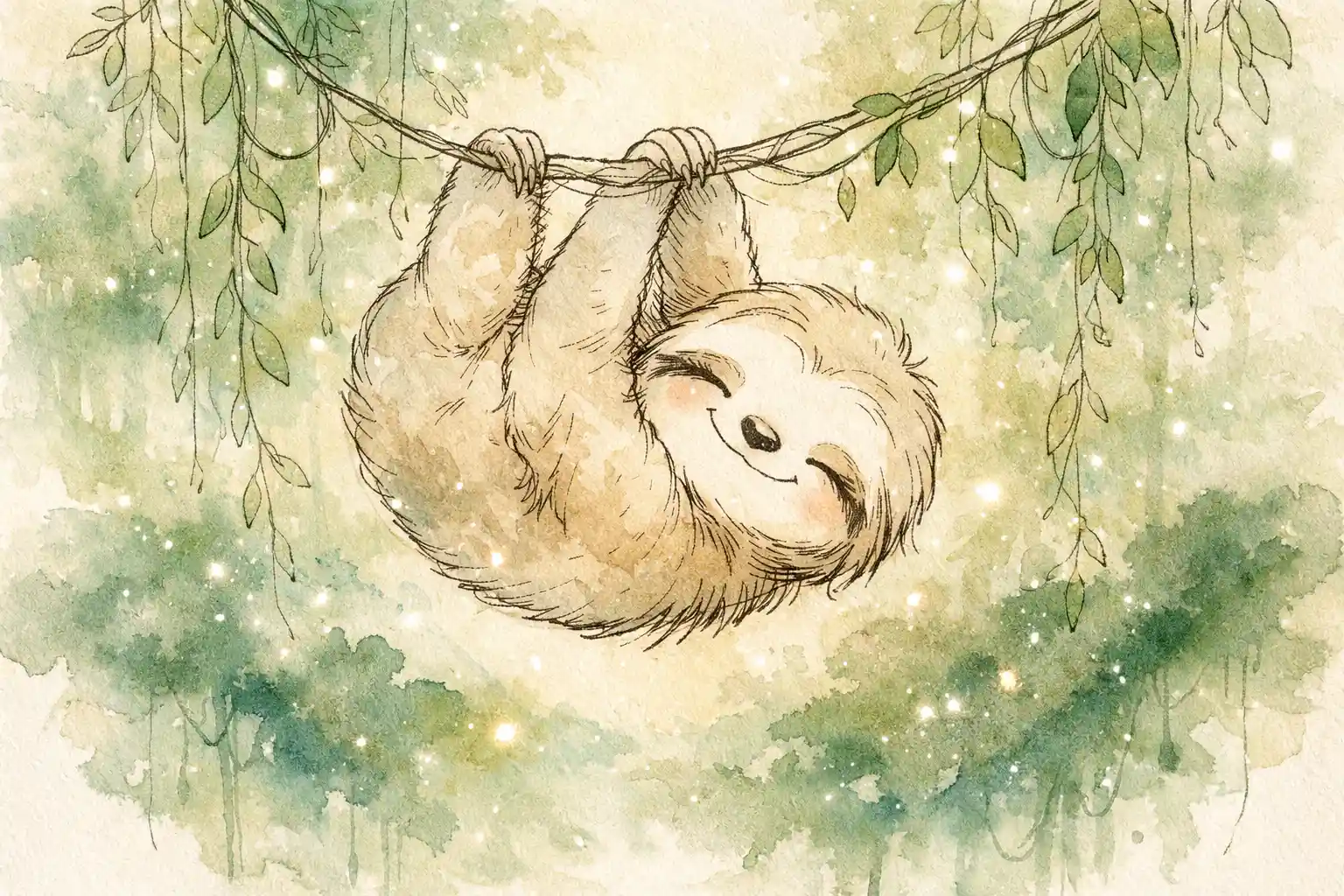 Baby sloth in minimalist watercolor rainforest illustration