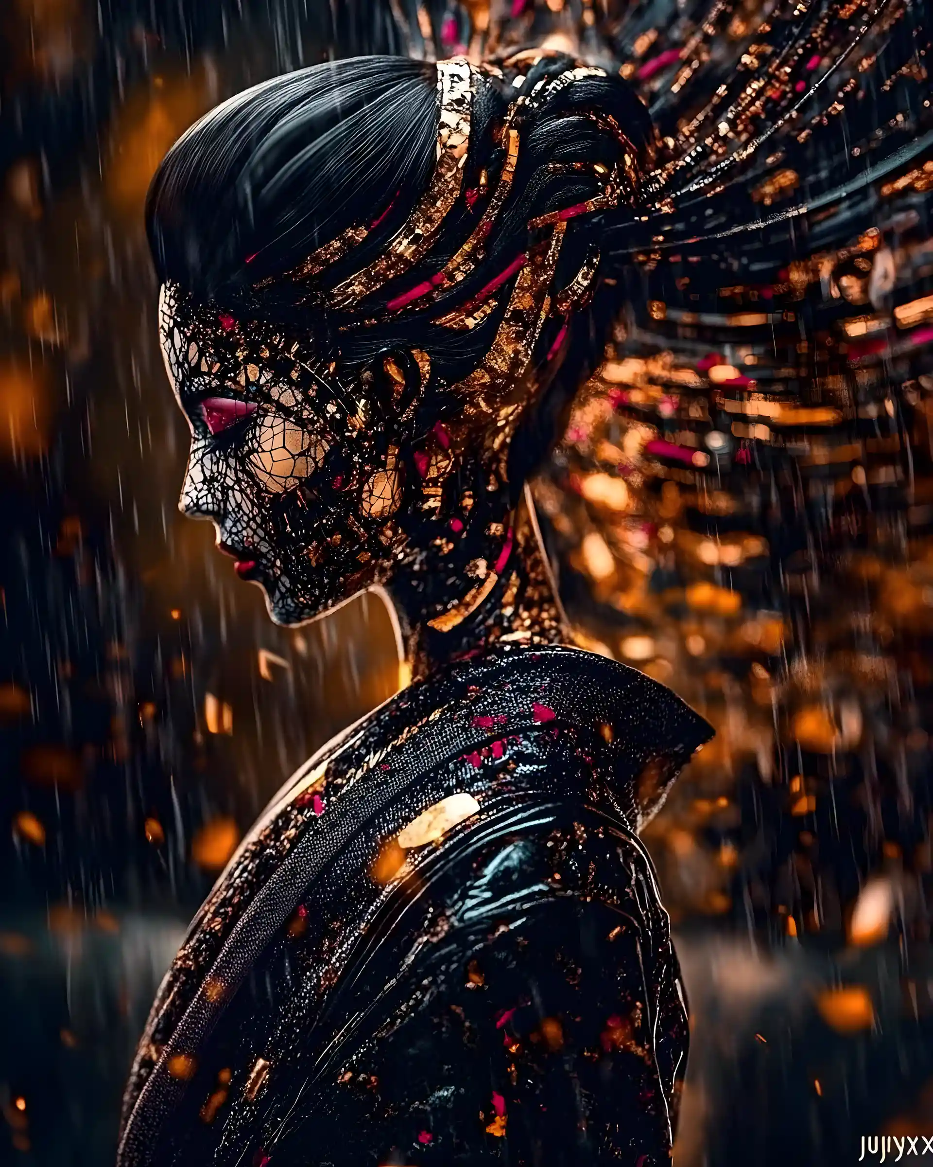 Ritratto di geisha cyberpunk con sfondo digitale glitch