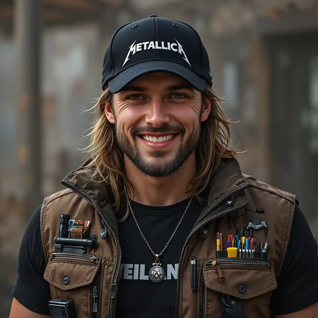 Winking man portrait with beanie and utility vest