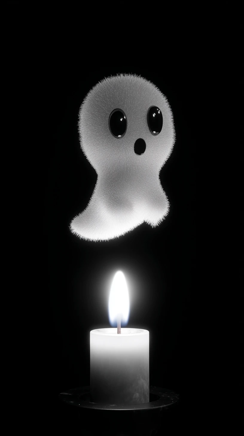 Cute ghost hovering above candle with drifting smoke