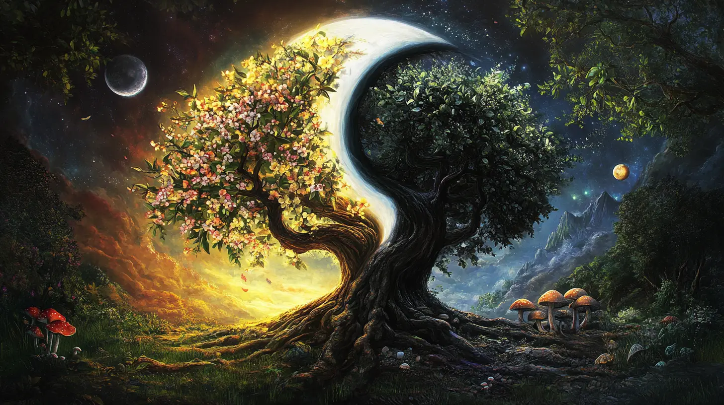 Yin yang trees of life and decay in magical balance