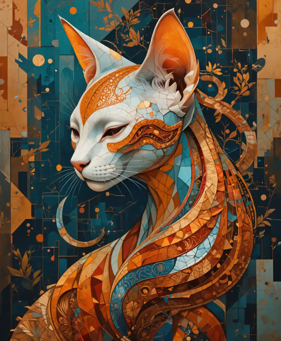 Cubist Sphinx Cat Portrait With Fiery Dragon Motif