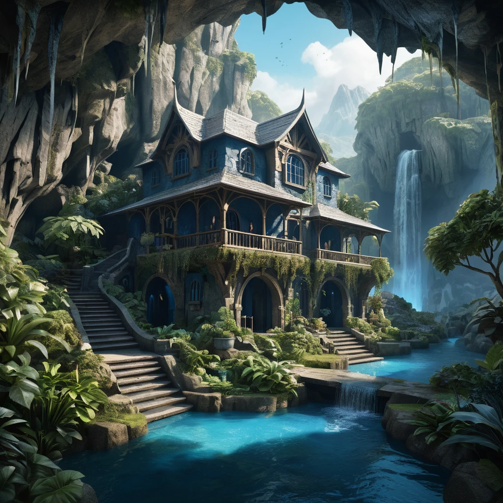 Luxury cave house in a lush fantasy mountain landscape