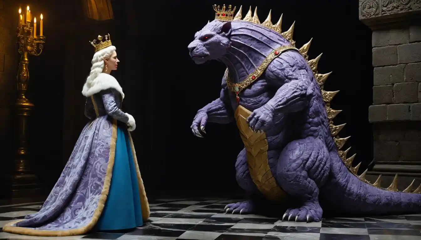 Stone golem confronting regal queen on marble chess tile
