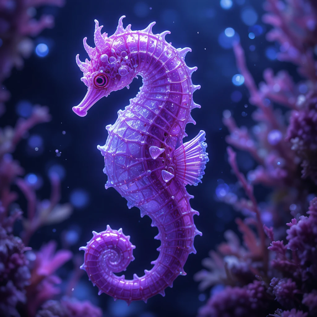 Graceful purple seahorse glowing in a dreamy underwater scene