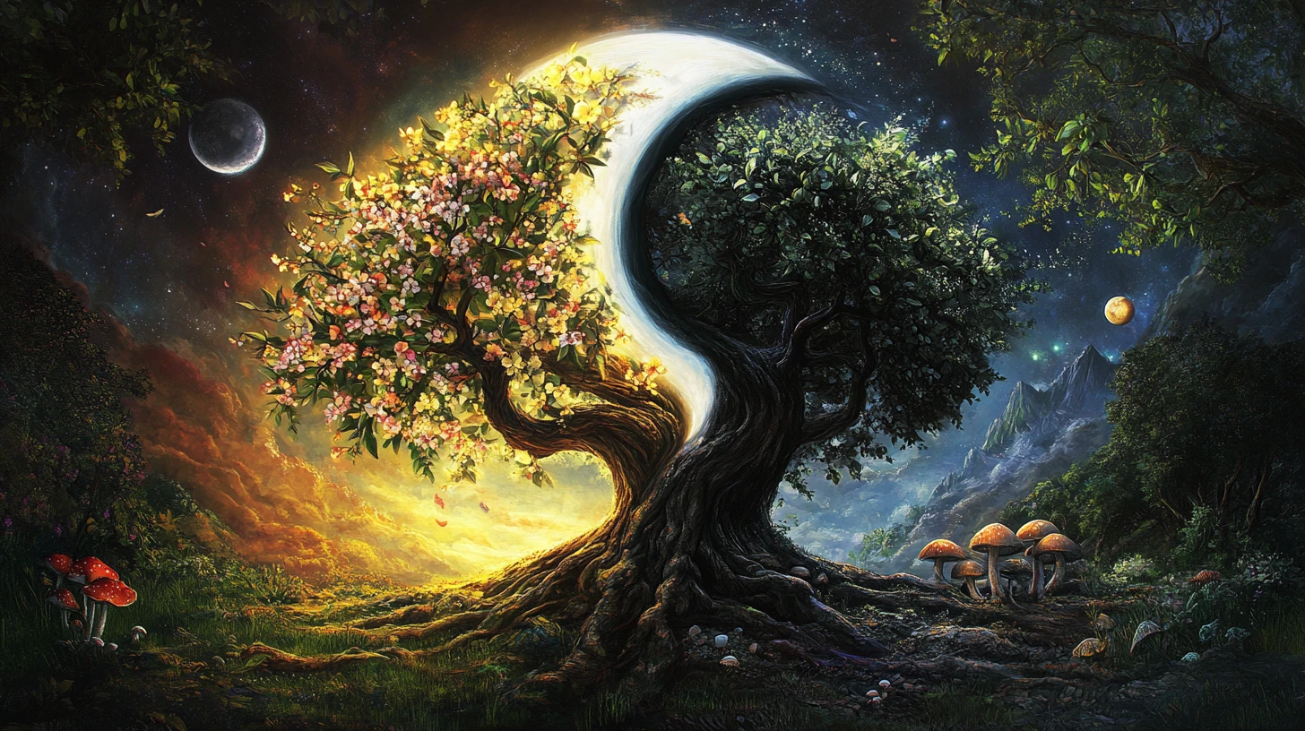 Yin yang trees of life and decay in magical balance
