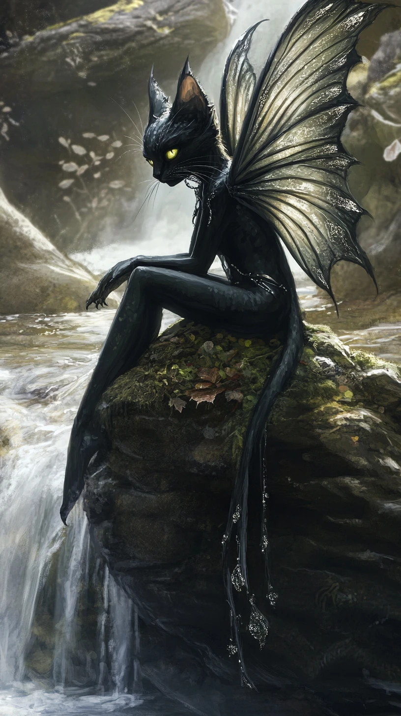Dark faerie sitting on mossy rock by a waterfall