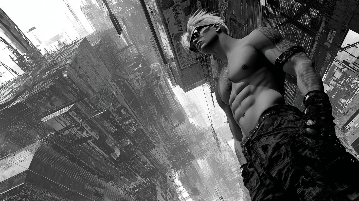 Cyberpunk warrior in a surreal dual tone urban cityscape