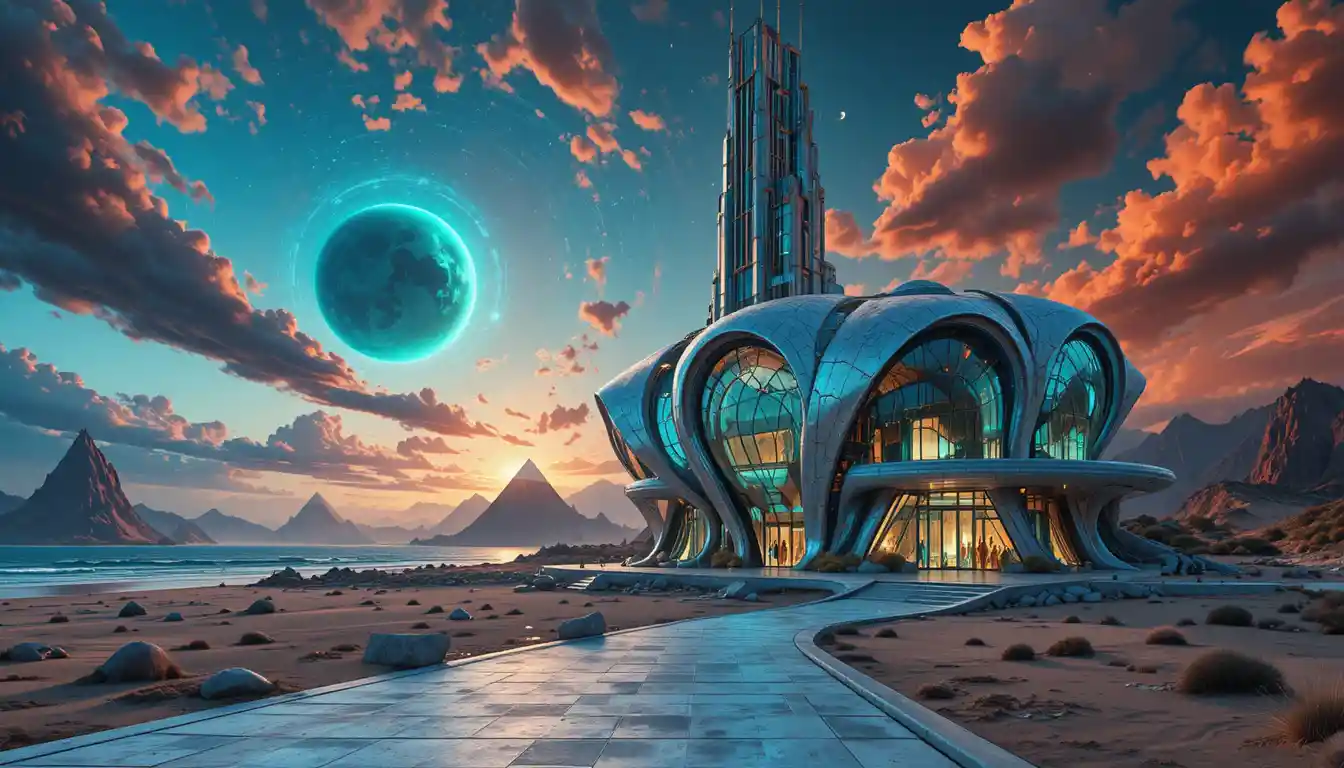 Futuristic 3D Beach House Under A Giant Planet