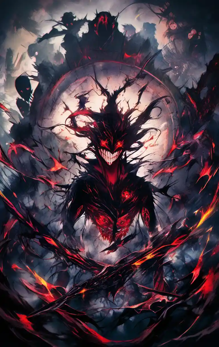 Chaotic shadow figure with sparks against ruined wall