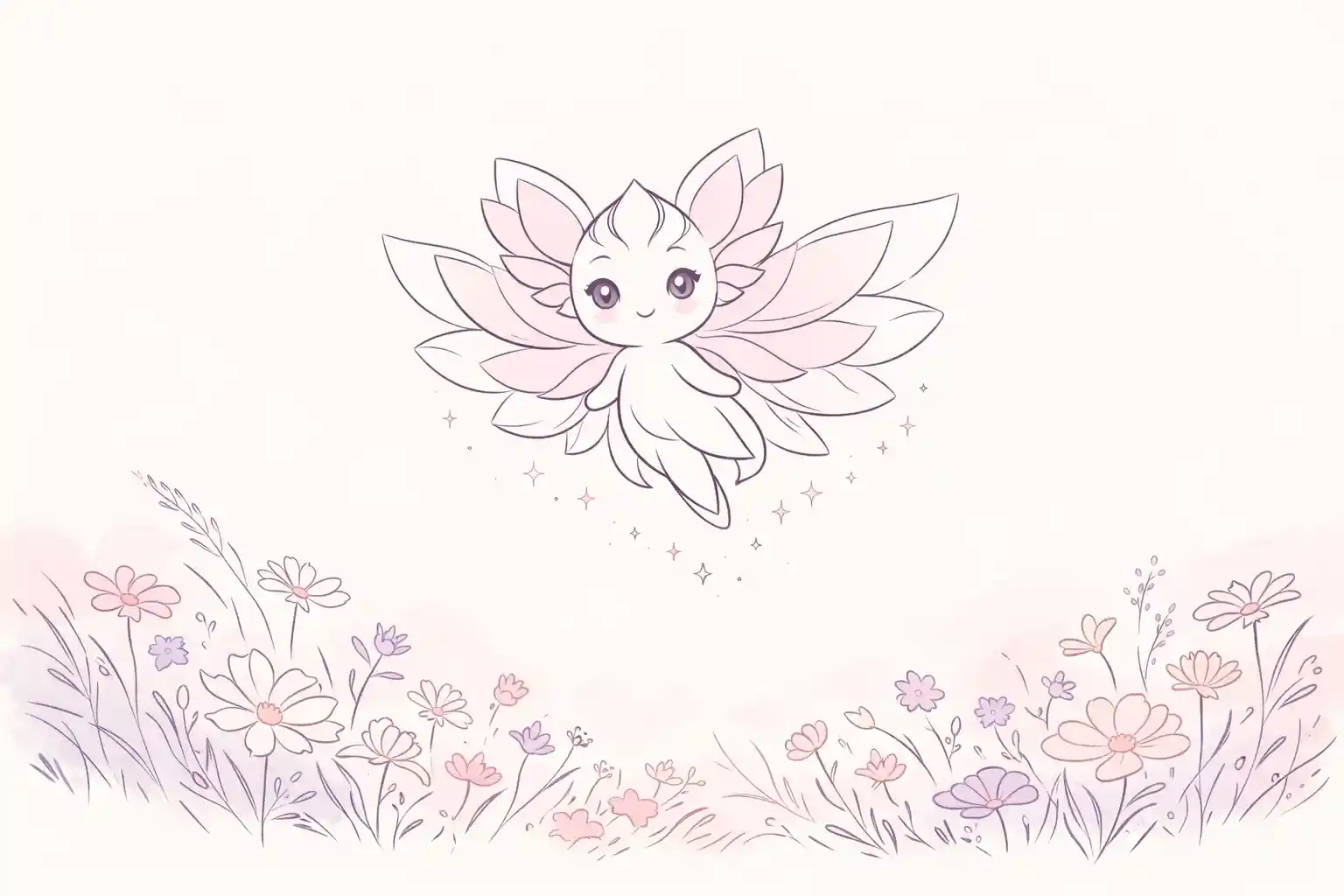 Tiny flower winged fairy floating above a quiet meadow