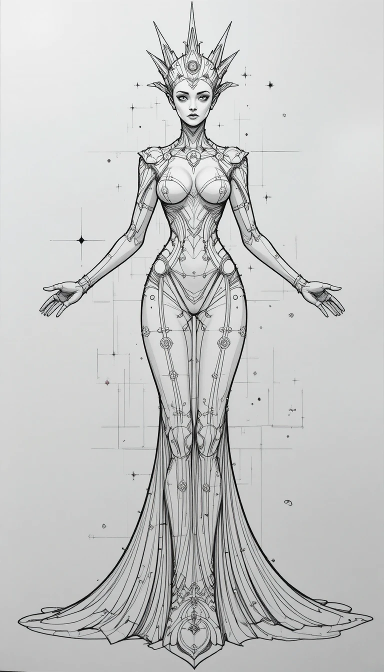 Regale regina celestiale in un abito bianco e nero a motivi geometrici