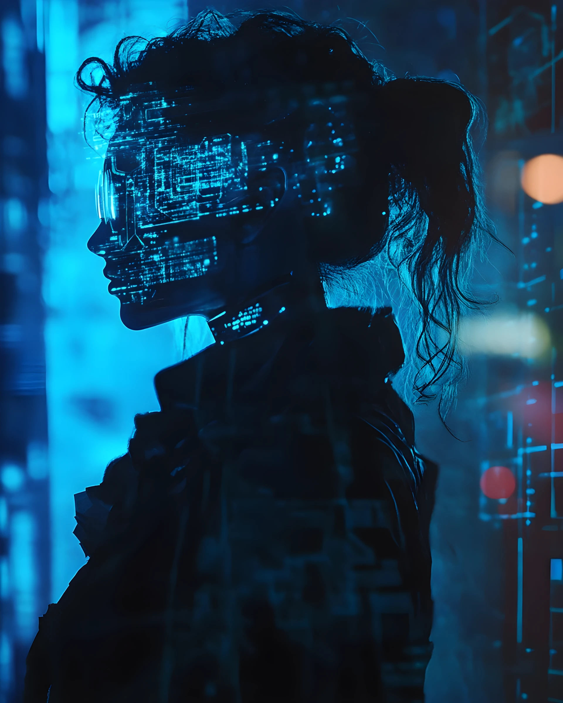 Female cyberpunk hologram in moody noir cyan light