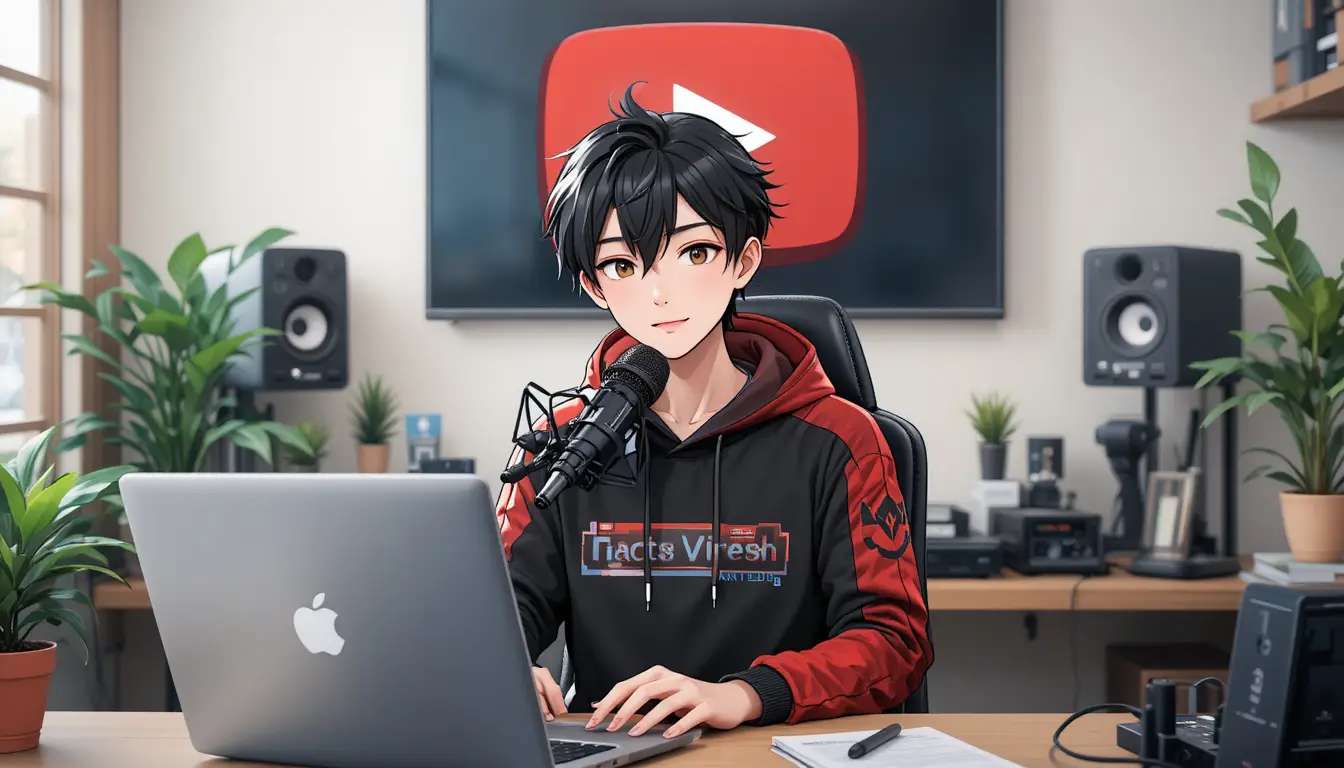 マイク付きパソコンデスクで録音するアニメ少年