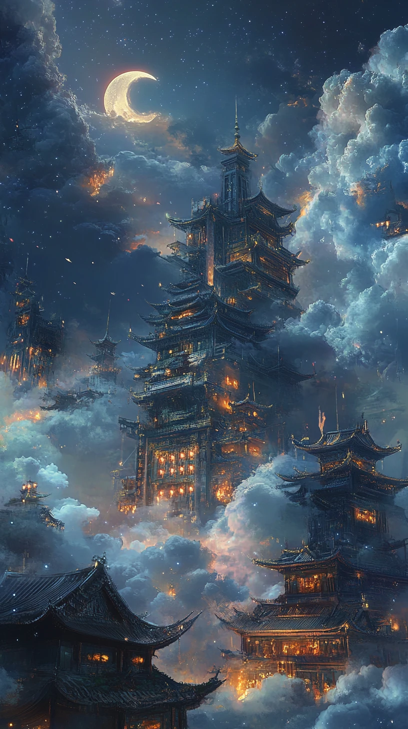 Fantasy Asian cloud palaces under crescent moons and stars